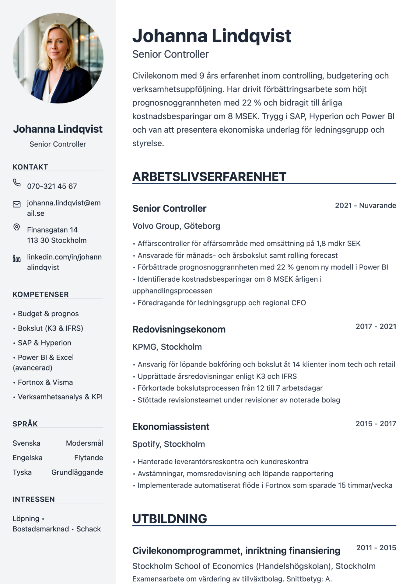 CV exempel ekonom – Johanna Lindqvist, Senior Controller
