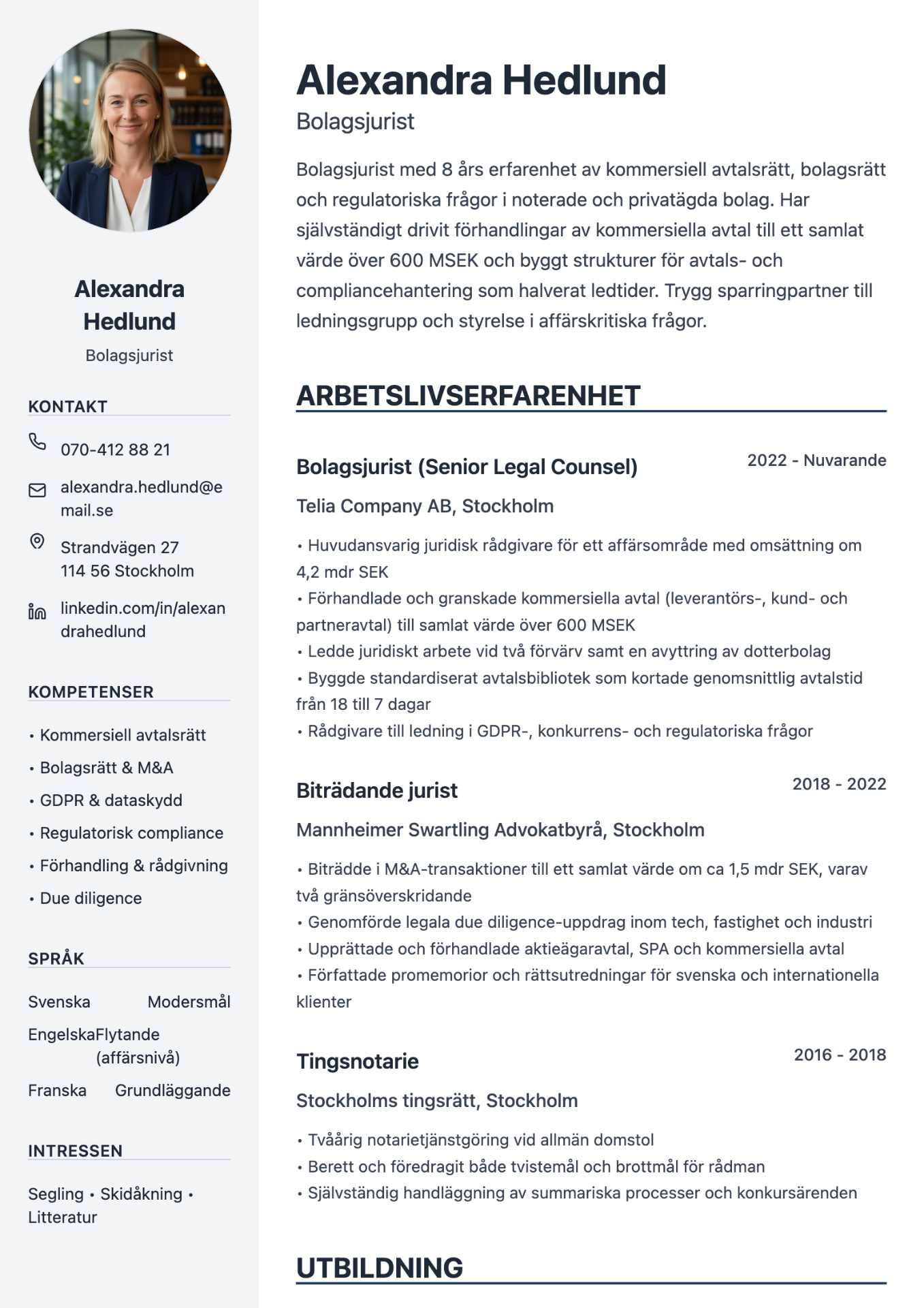 CV exempel jurist – Alexandra Hedlund, Bolagsjurist