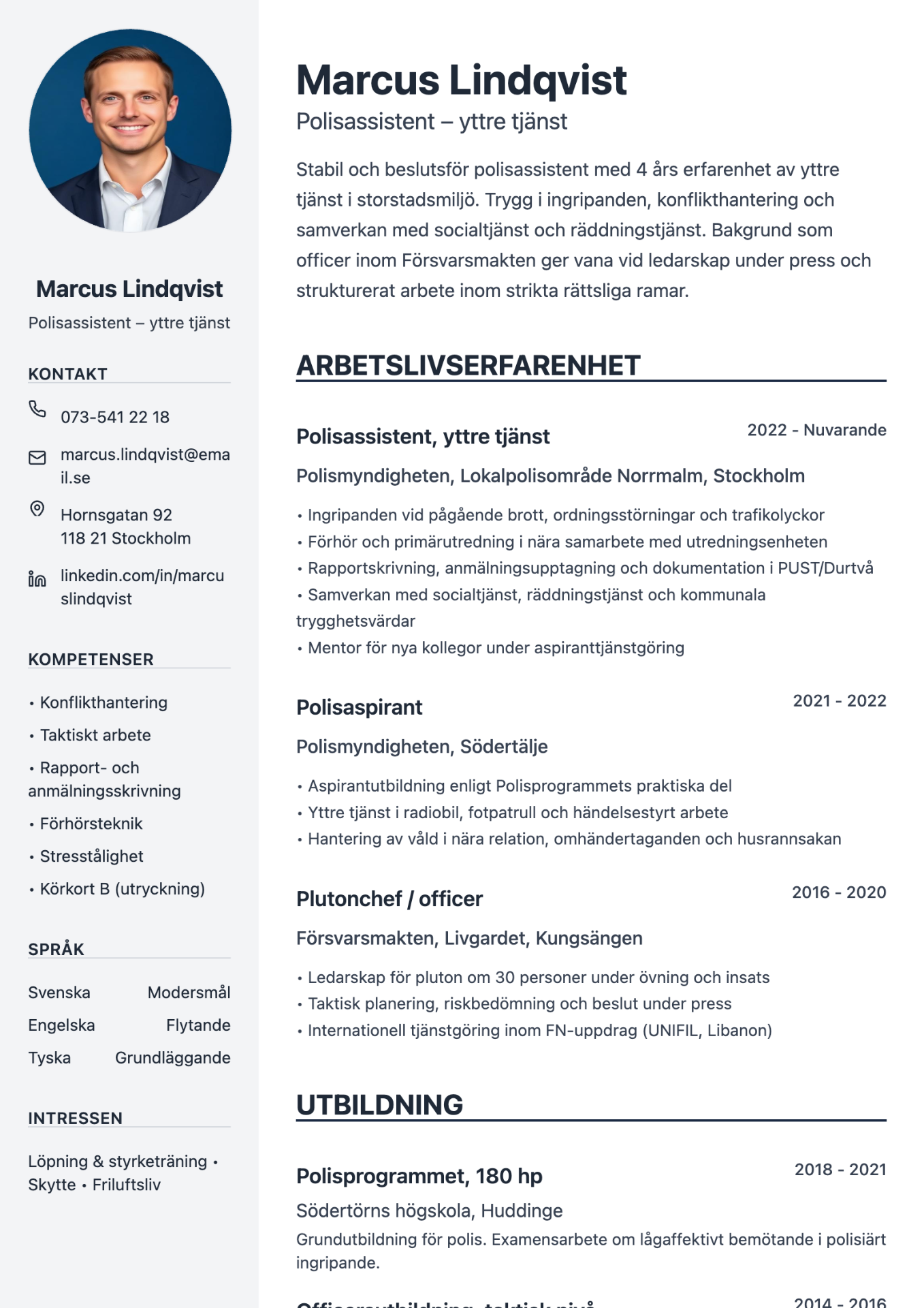 CV exempel polis – Marcus Lindqvist, Polisassistent – yttre tjänst