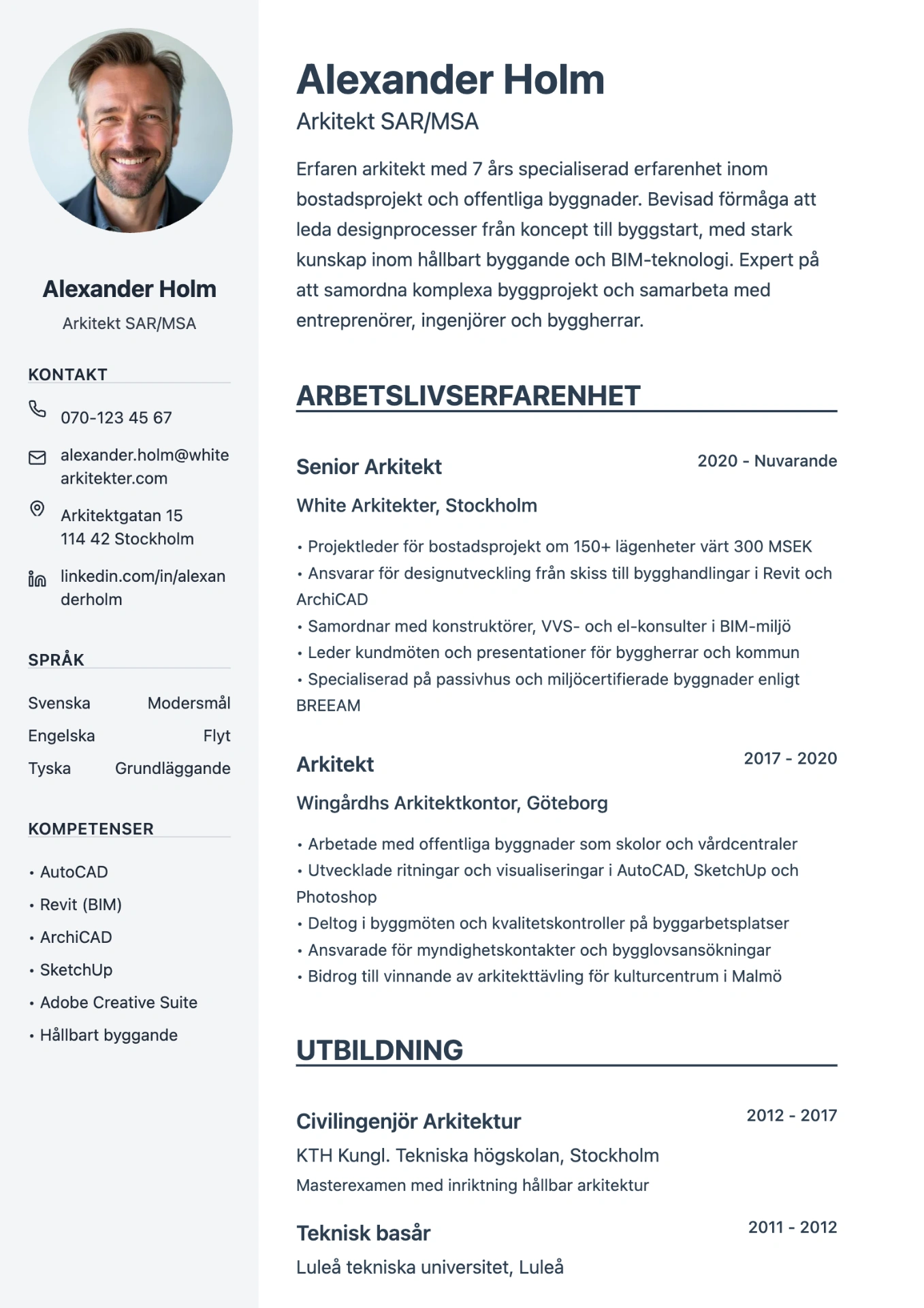 Exempel på CV för arkitekt skapat med professionell cv-mall