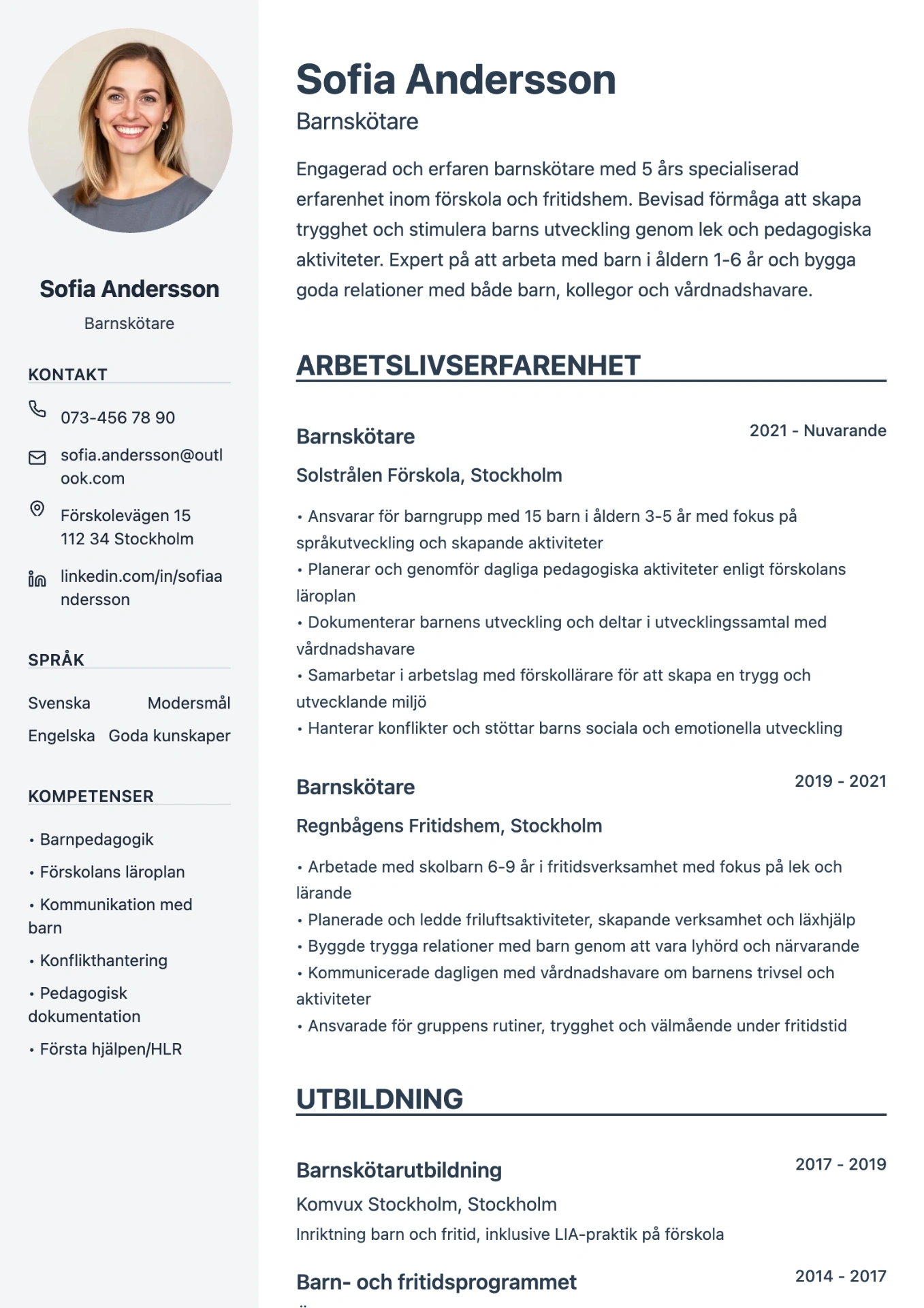 Exempel på CV för barnskötare skapat med professionell cv-mall
