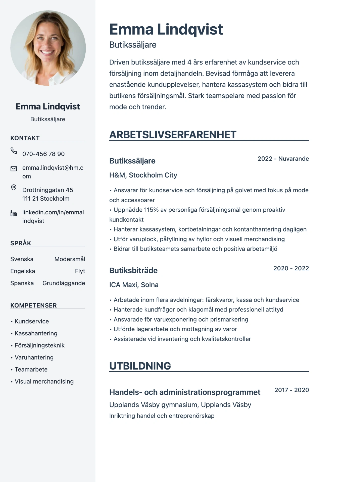 Exempel på CV för butikssäljare med modern layout och fokus på kundservice