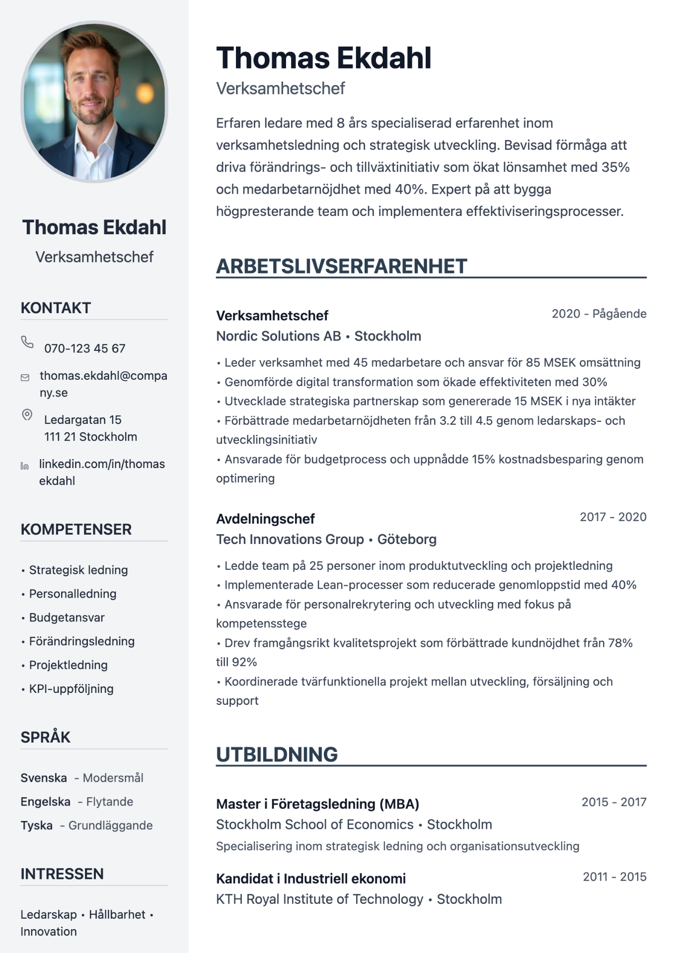 CV-mall med tydlig struktur och professionell design