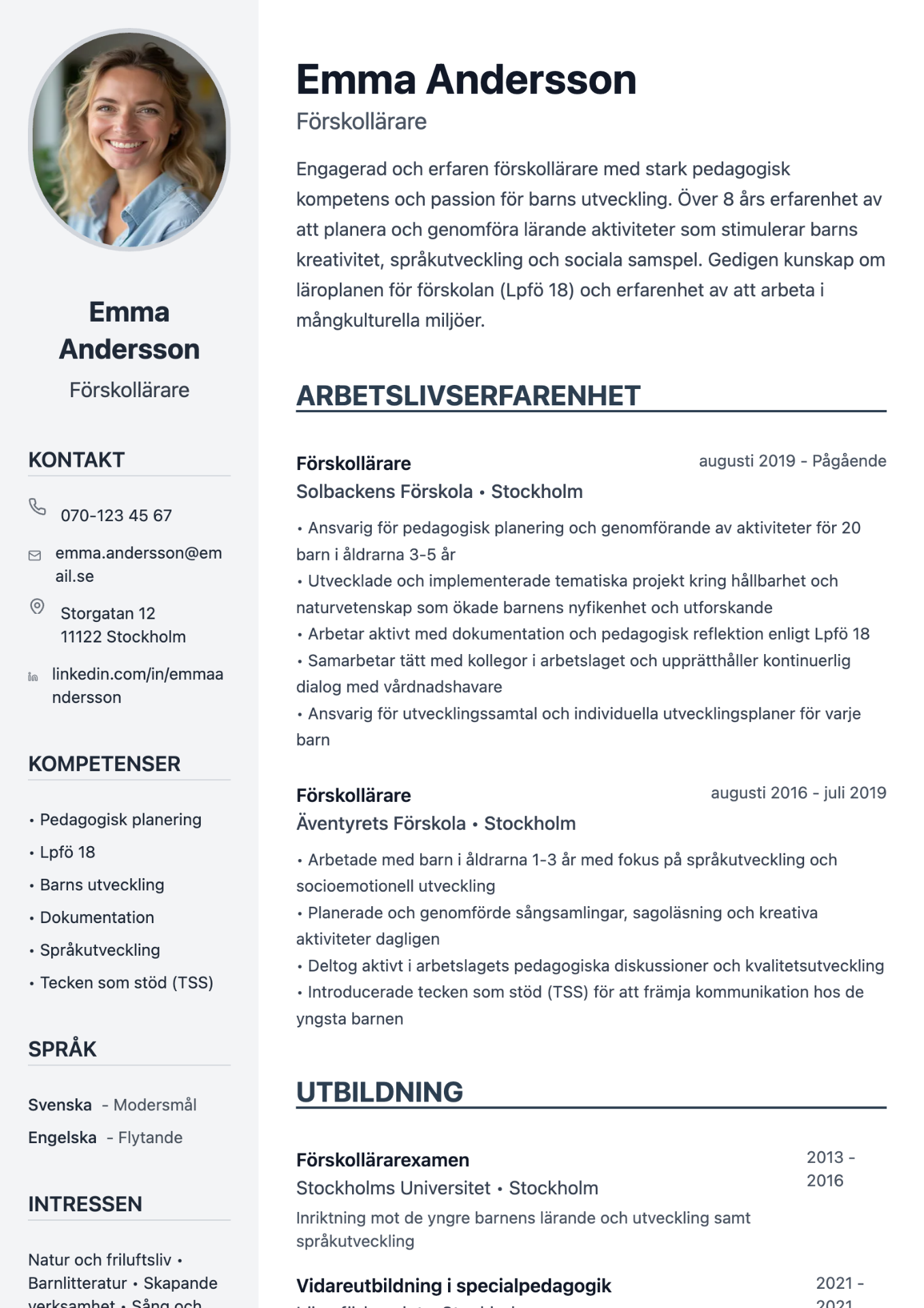 Exempel på CV för förskollärare skapat med professionell cv-mall