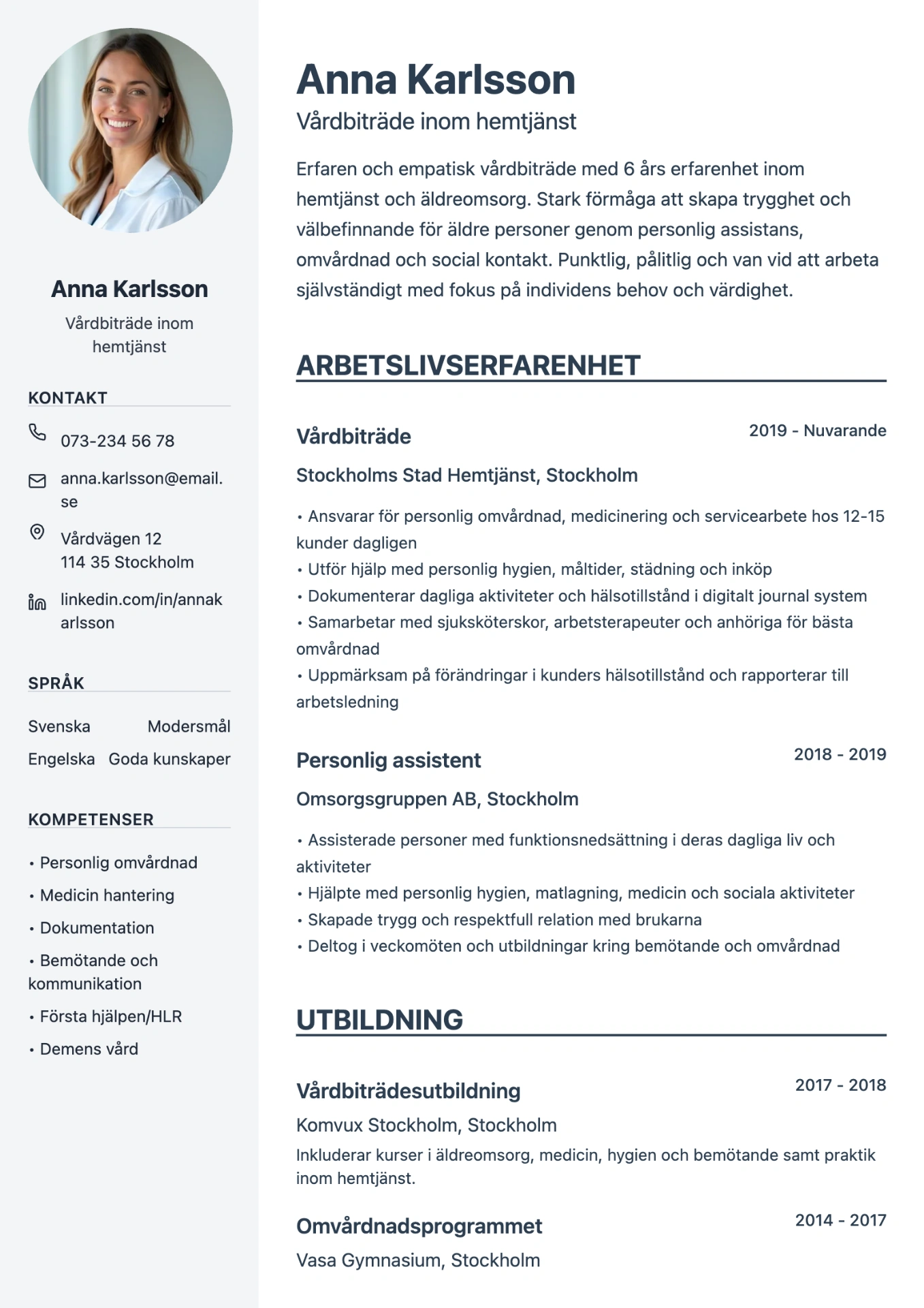 Exempel på CV för hemtjänst skapat med professionell cv-mall