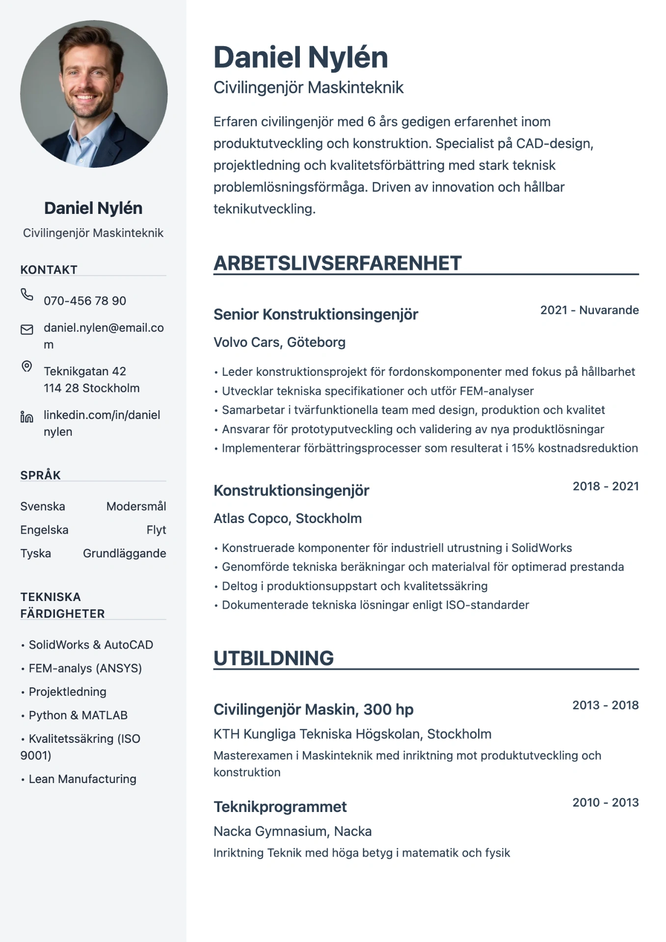 Exempel på CV för ingenjör skapat med professionell cv-mall