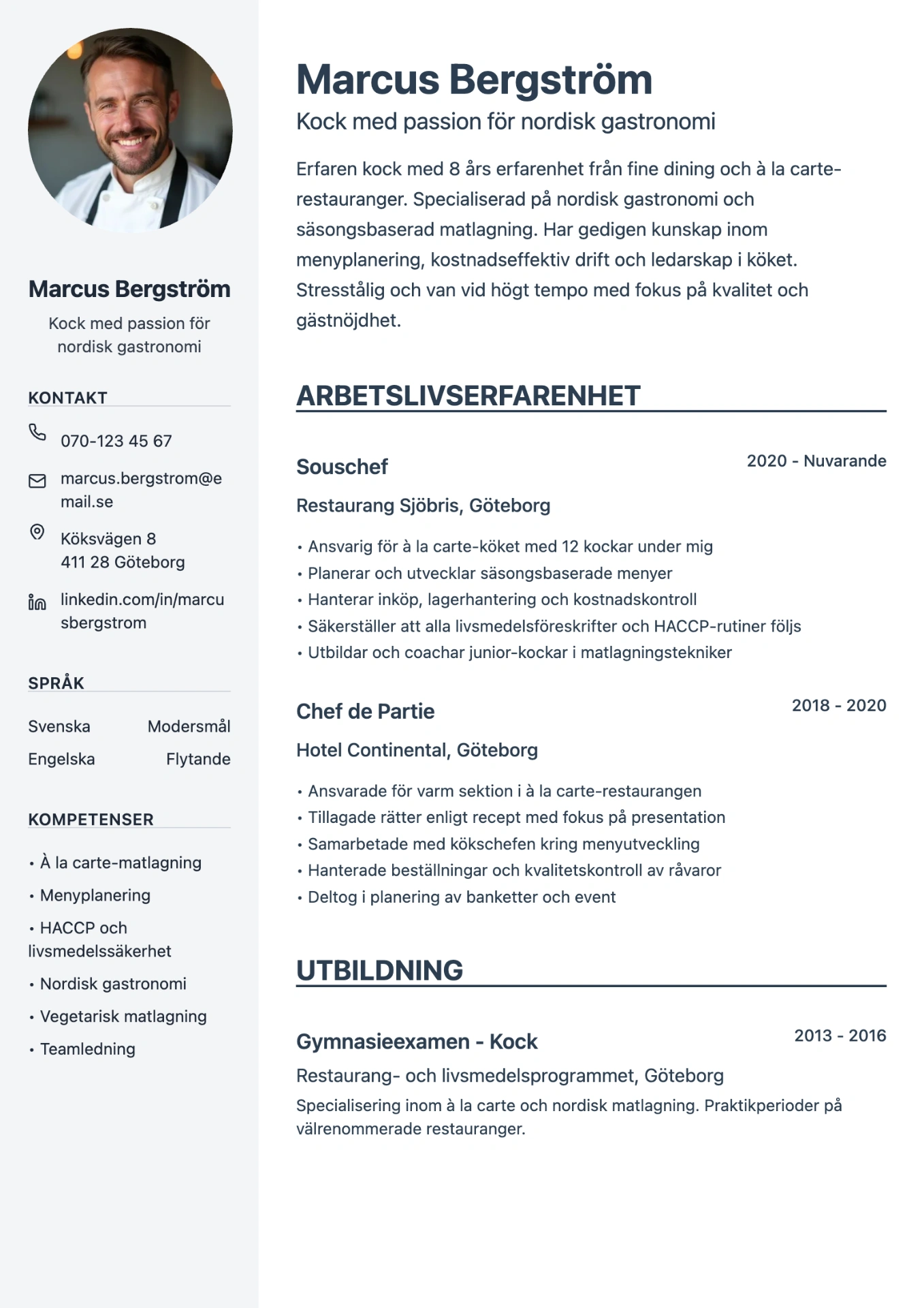 Exempel på CV för kock skapat med professionell cv-mall