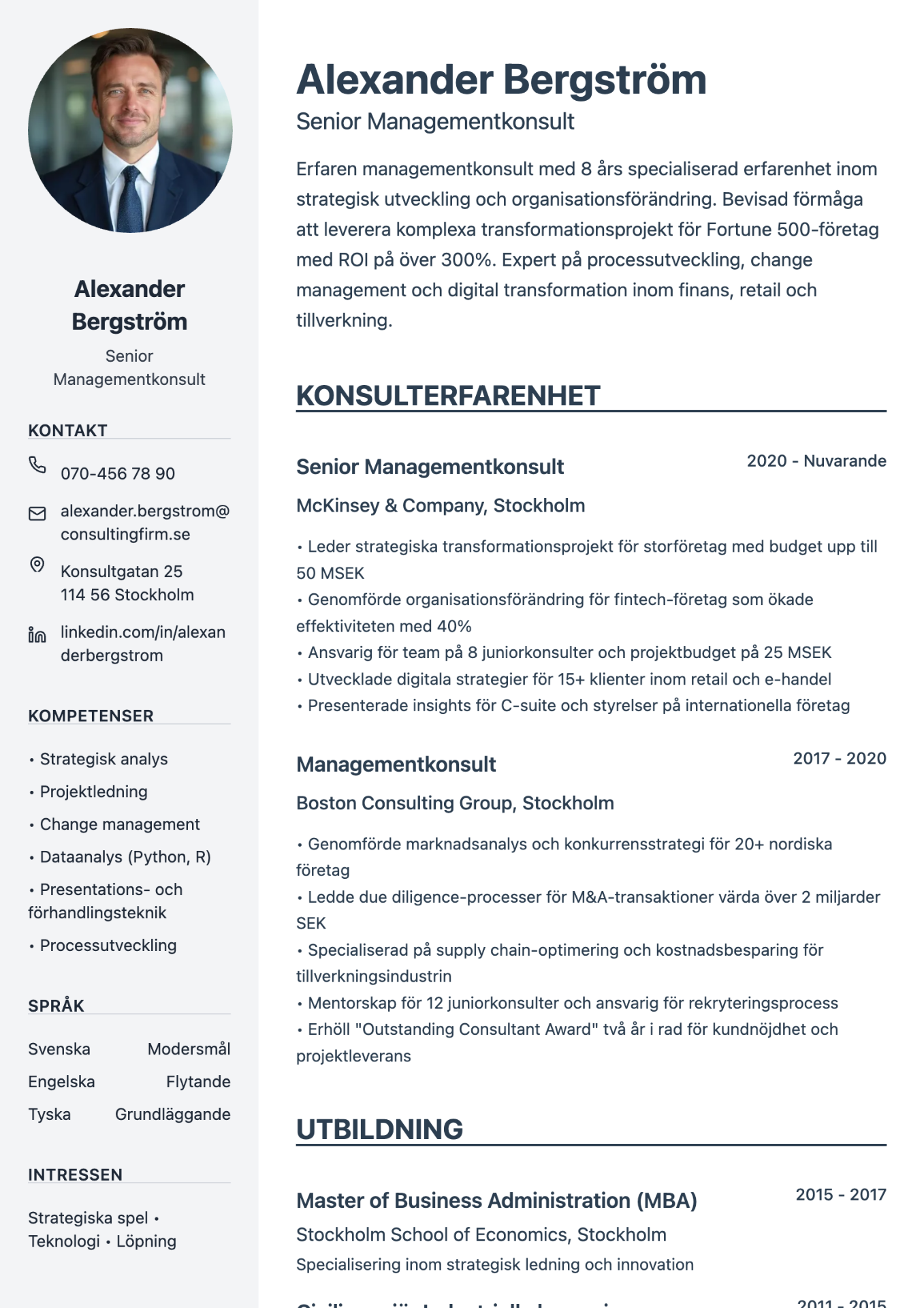 Exempel på CV för konsult skapat med professionell cv-mall