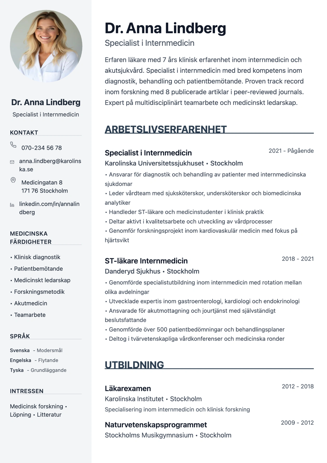 Exempel på CV för läkare skapat med professionell cv-mall