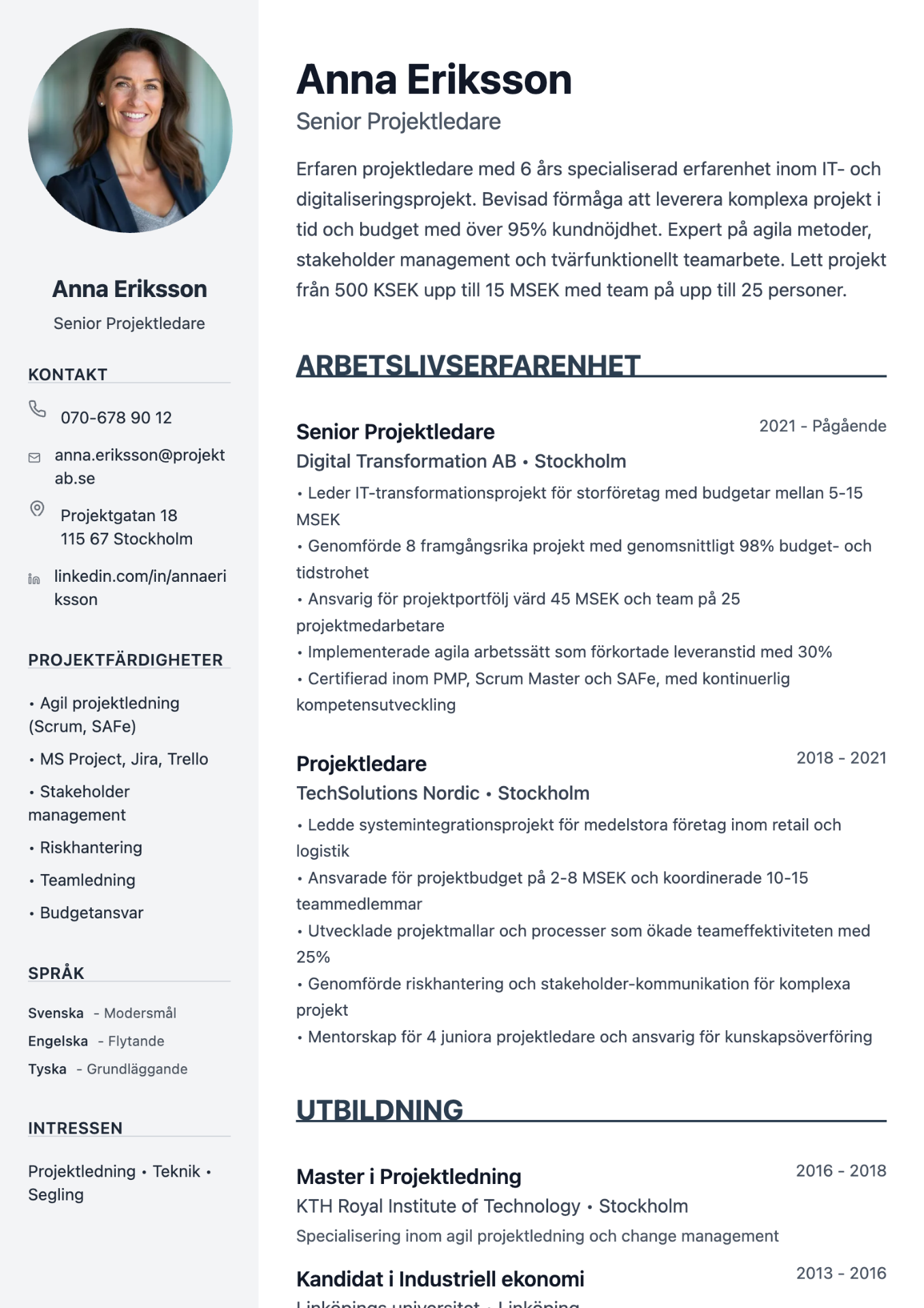 Exempel på CV för projektledare skapat med professionell cv-mall