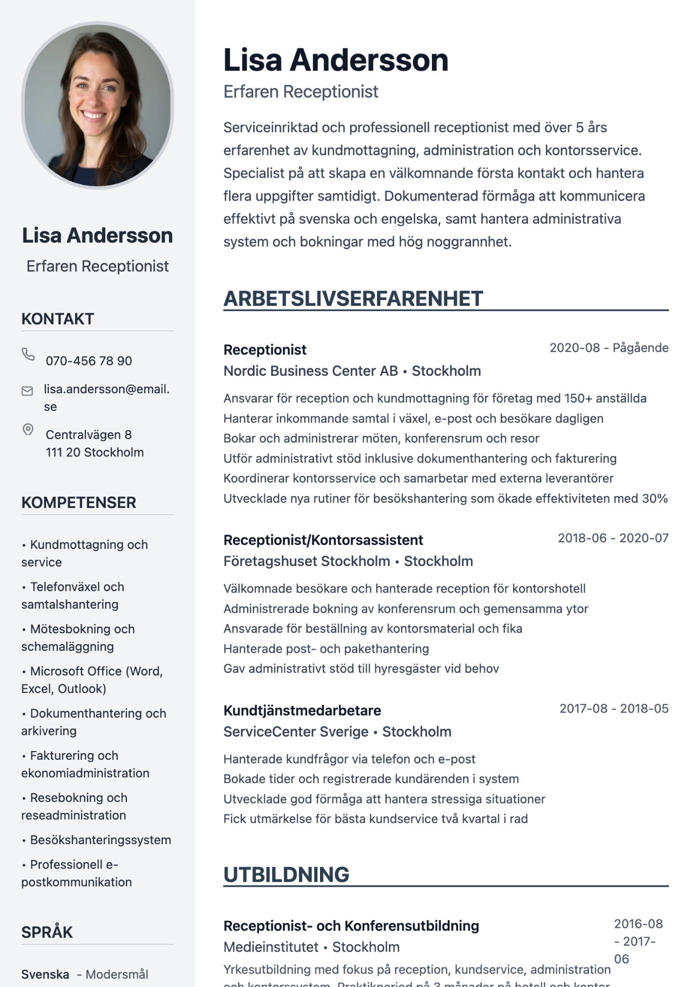 Exempel på CV för receptionist skapat med professionell cv-mall