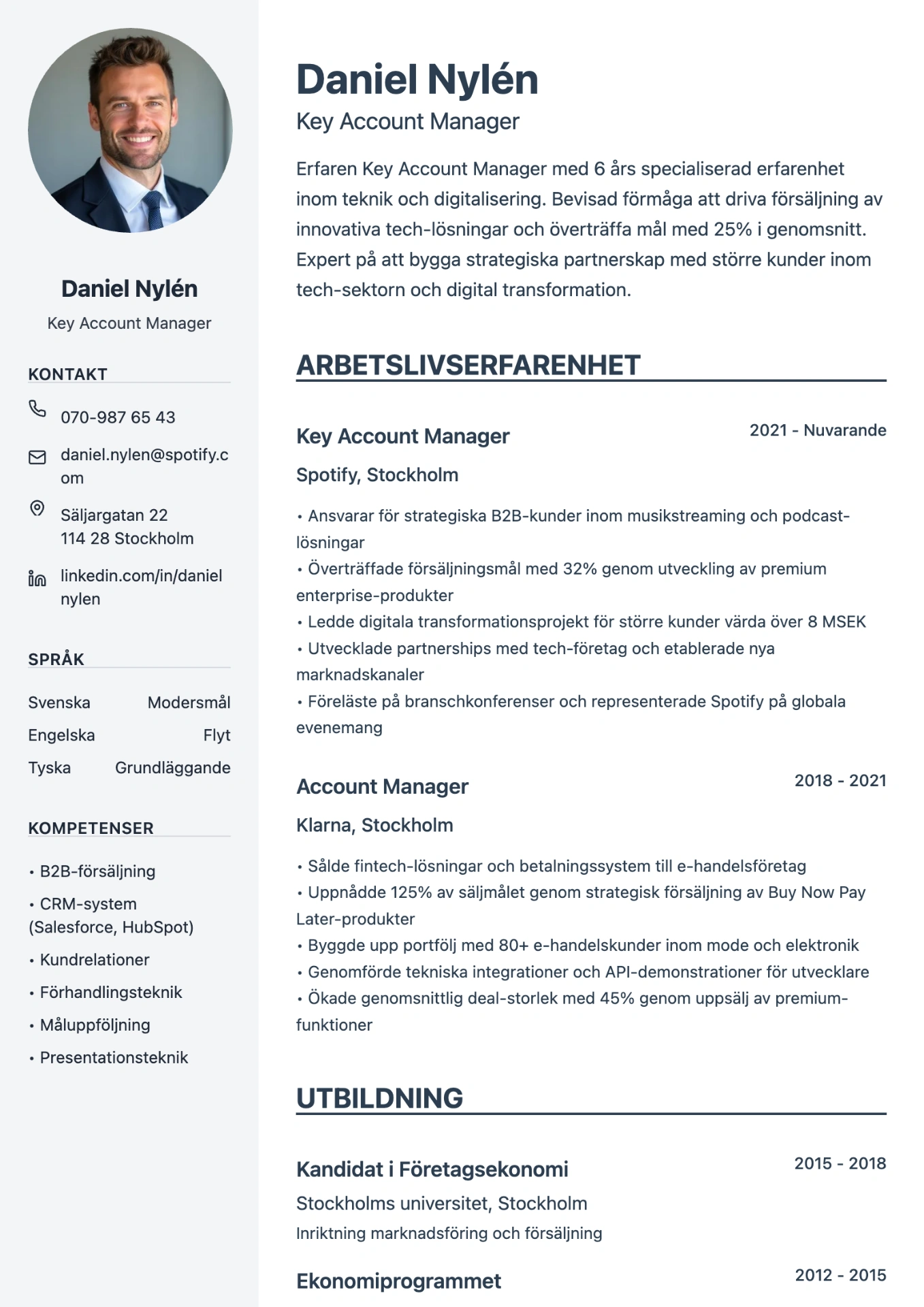 Exempel på CV för säljare skapat med professionell cv-mall
