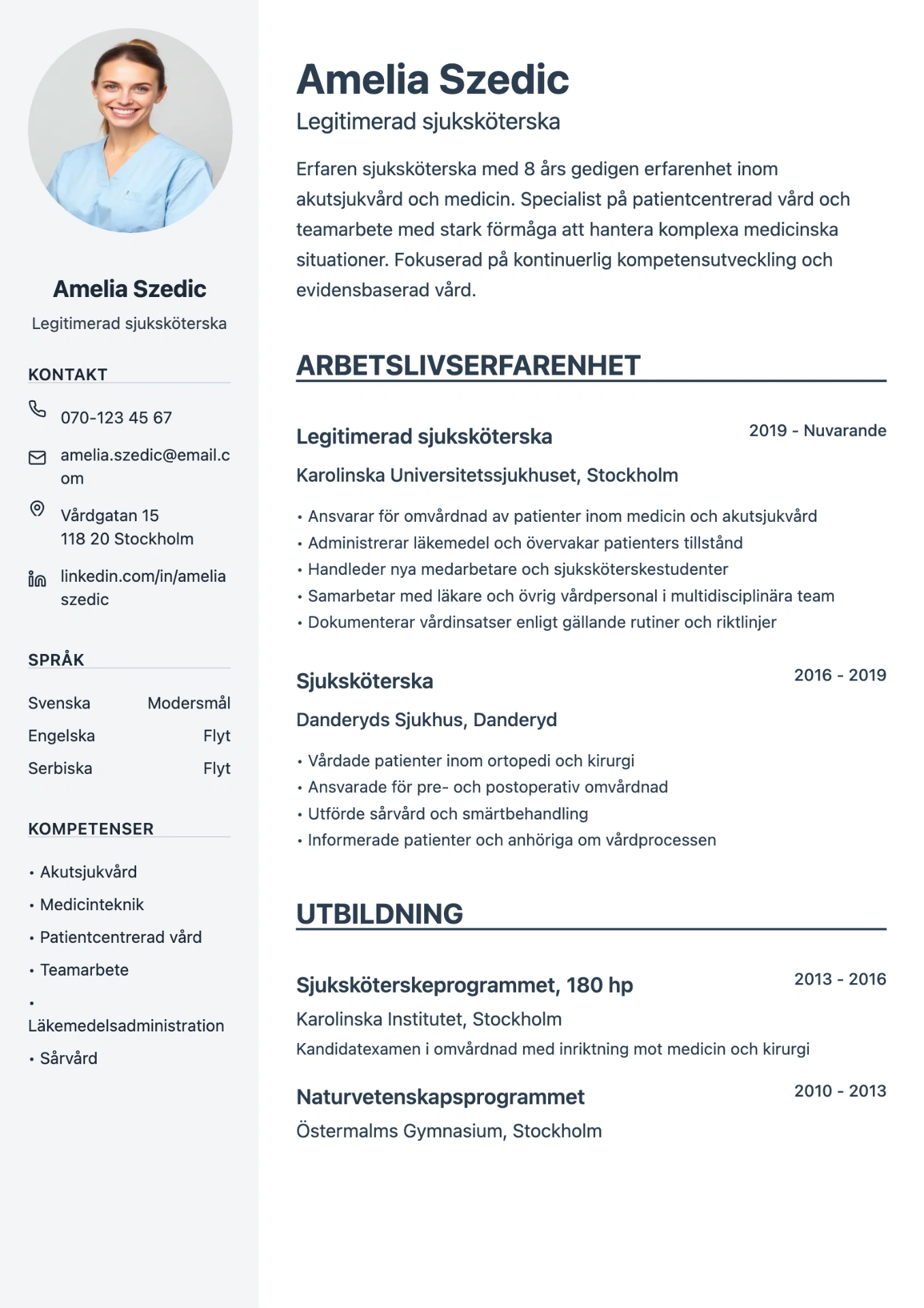 Exempel på CV för sjuksköterska skapat med professionell cv-mall