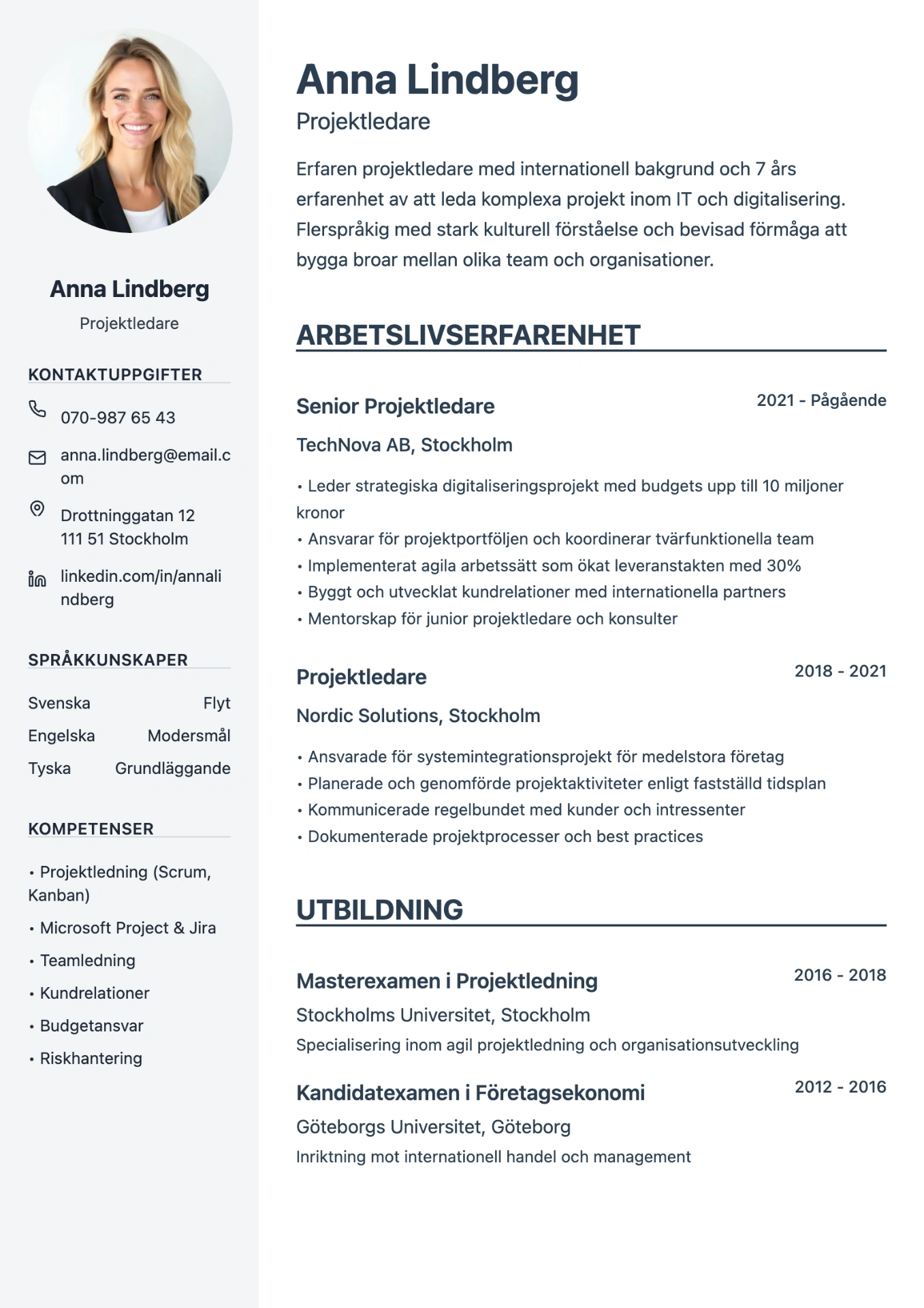 Exempel på CV på svenska skapat med professionell cv-mall