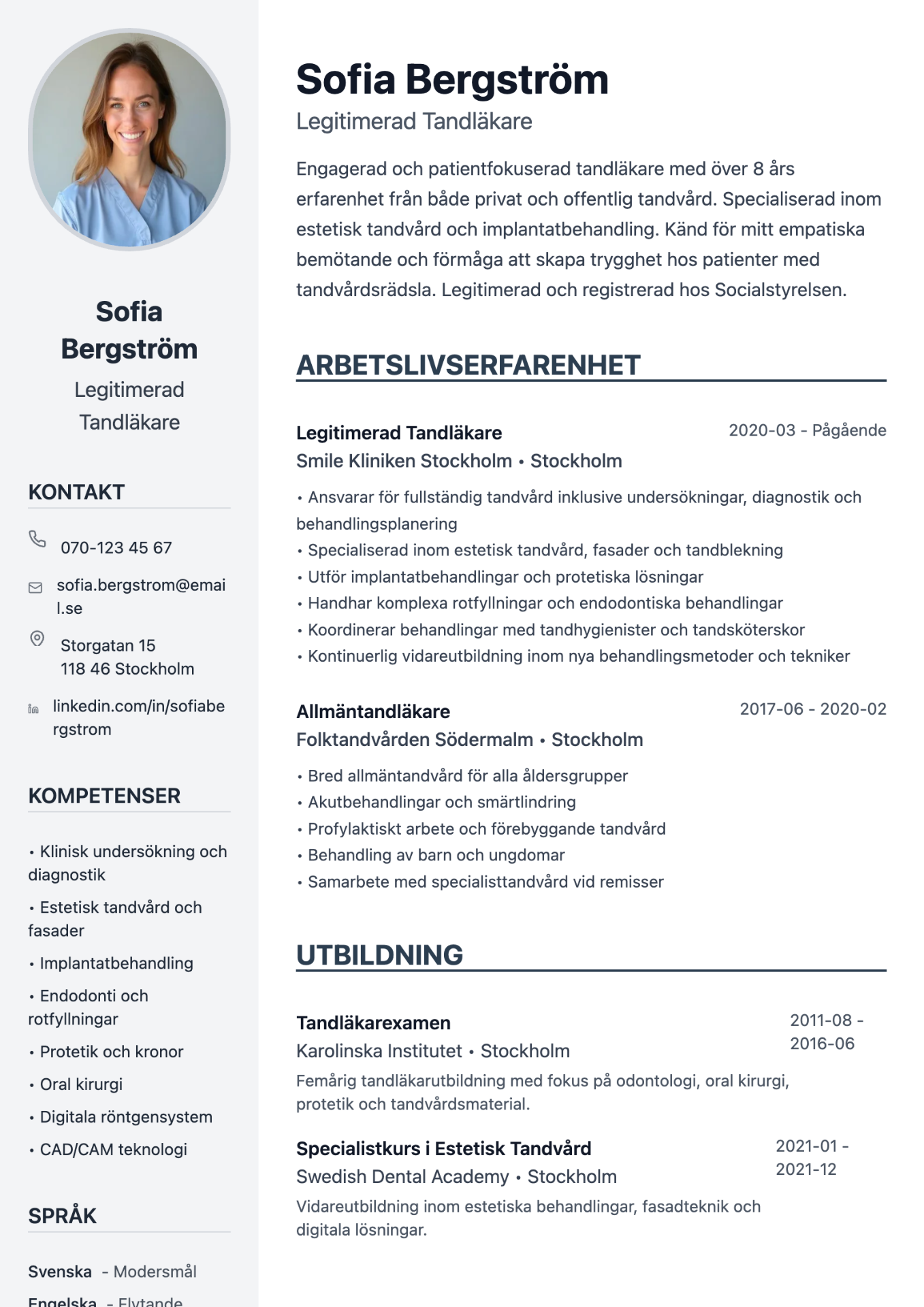 Exempel på CV för tandläkare skapat med professionell cv-mall