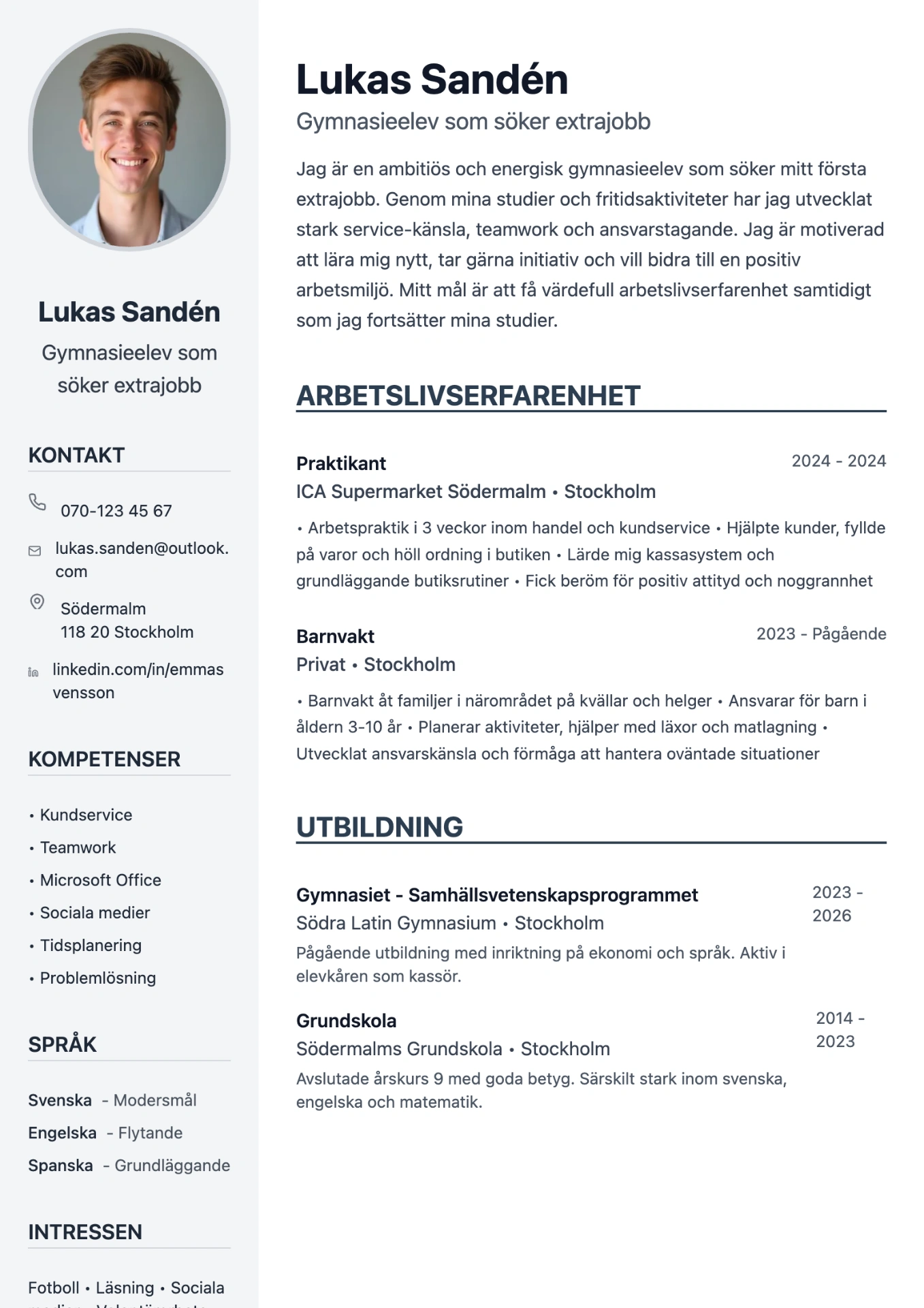 Exempel på CV för ungdom skapat med professionell cv-mall